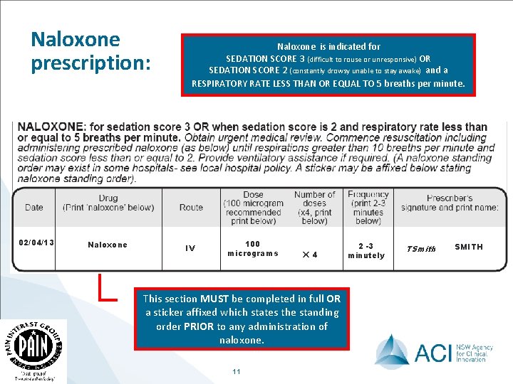 Naloxone prescription: 02/04/13 Naloxone is indicated for SEDATION SCORE 3 (difficult to rouse or