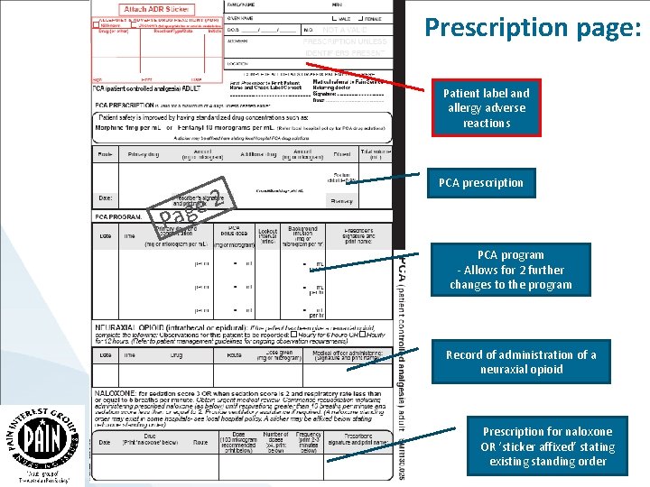 Prescription page: Patient label and allergy adverse reactions PCA prescription 2 e g Pa