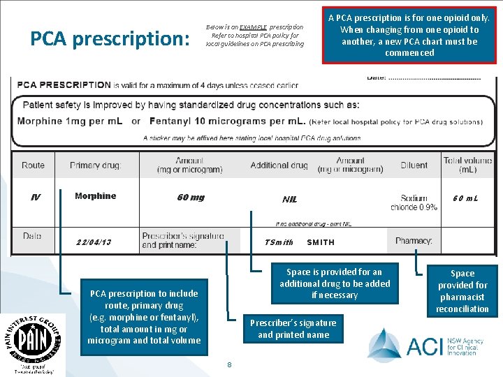 PCA prescription: IV Morphine Below is an EXAMPLE prescription Refer to hospital PCA policy