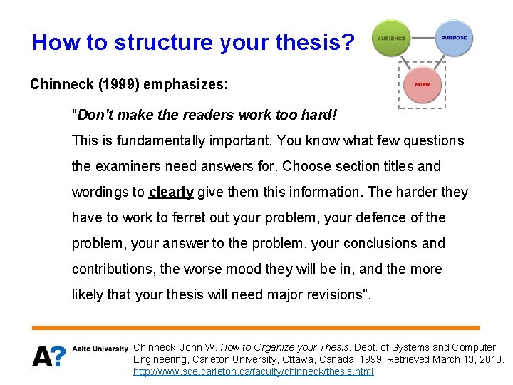 How to structure your thesis? Chinneck (1999) emphasizes: "Don't make the readers work too