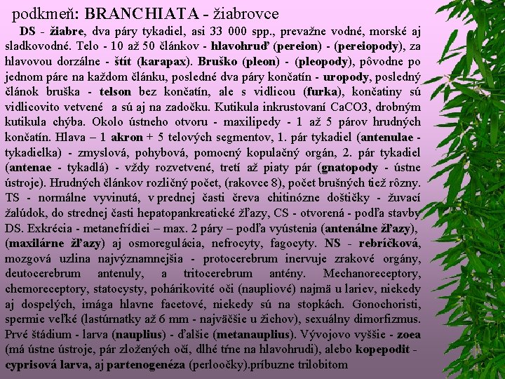 podkmeň: BRANCHIATA - žiabrovce DS - žiabre, dva páry tykadiel, asi 33 000 spp.