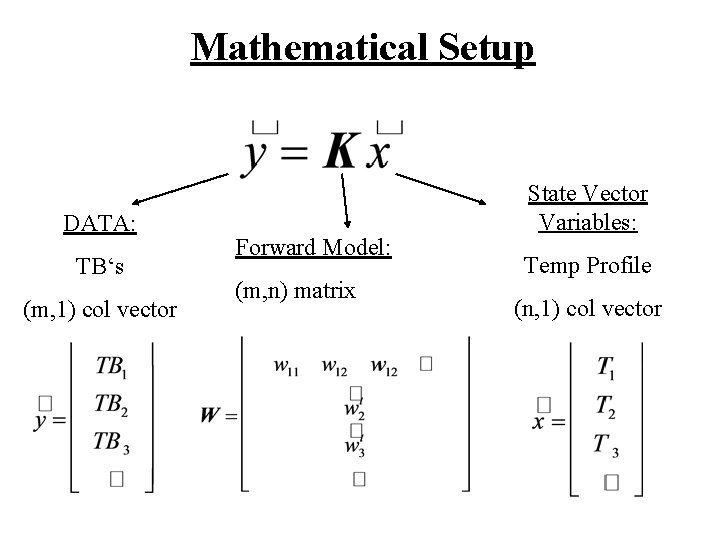 Mathematical Setup DATA: TB‘s (m, 1) col vector Forward Model: (m, n) matrix State Mathematical Setup DATA: TB‘s (m, 1) col vector Forward Model: (m, n) matrix State