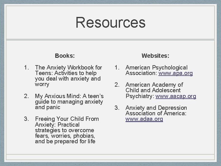 Resources Books: 1. 2. 3. The Anxiety Workbook for Teens: Activities to help you