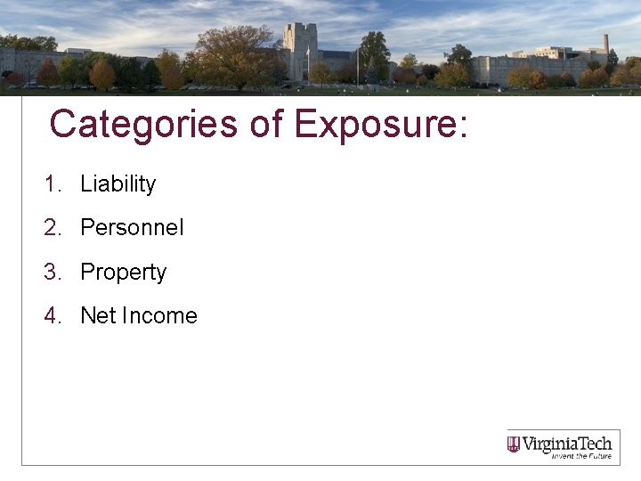 Categories of Exposure: 1. Liability 2. Personnel 3. Property 4. Net Income 