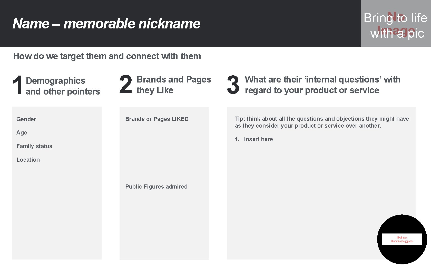 Bring to life with a pic Name – memorable nickname How do we target