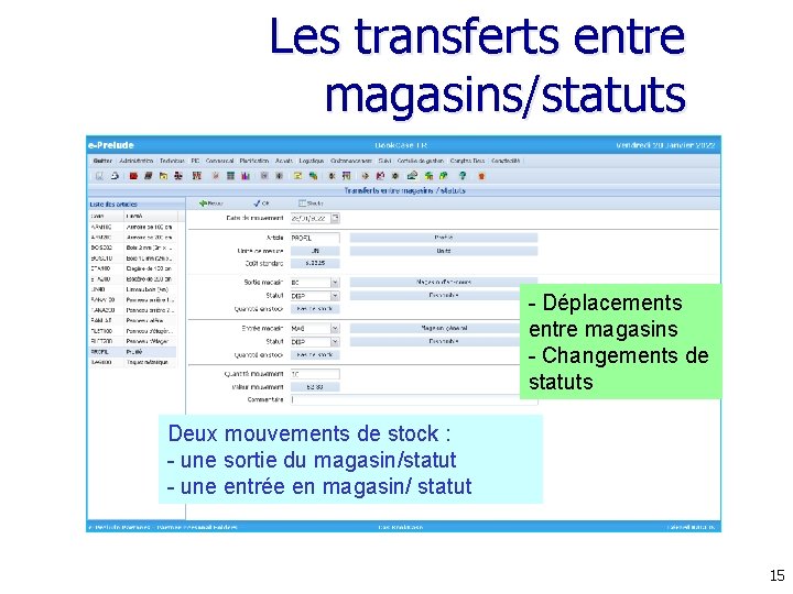 Les transferts entre magasins/statuts - Déplacements entre magasins - Changements de statuts Deux mouvements