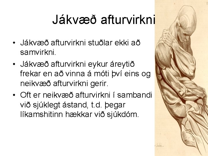 Jákvæð afturvirkni • Jákvæð afturvirkni stuðlar ekki að samvirkni. • Jákvæð afturvirkni eykur áreytið