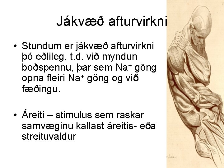 Jákvæð afturvirkni • Stundum er jákvæð afturvirkni þó eðlileg, t. d. við myndun boðspennu,