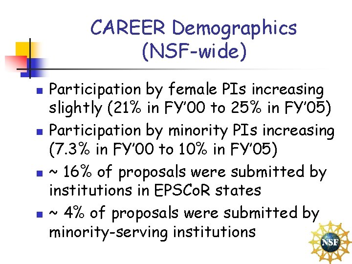 CAREER Demographics (NSF-wide) n n Participation by female PIs increasing slightly (21% in FY’
