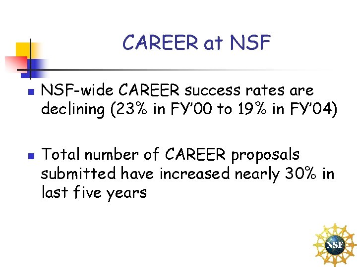 CAREER at NSF n n NSF-wide CAREER success rates are declining (23% in FY’