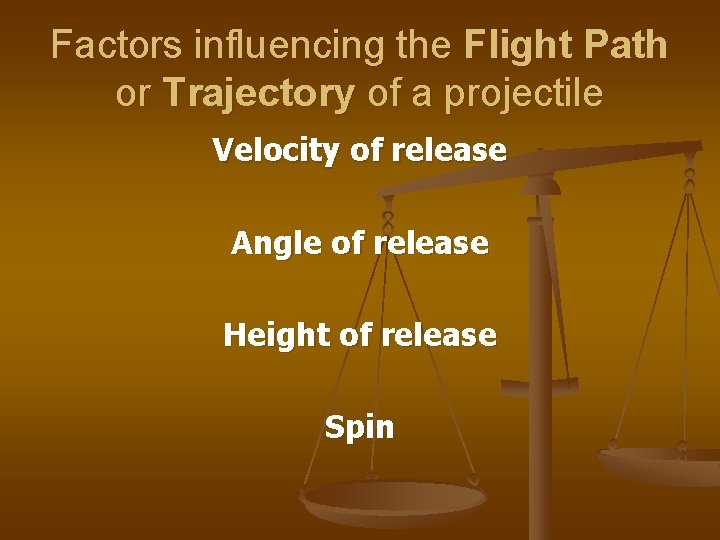 Factors influencing the Flight Path or Trajectory of a projectile Velocity of release Angle