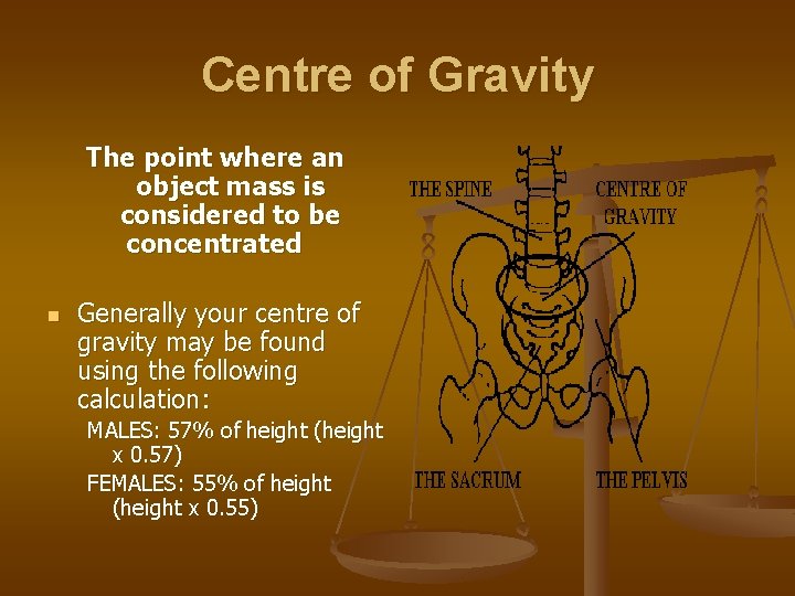 Centre of Gravity The point where an object mass is considered to be concentrated