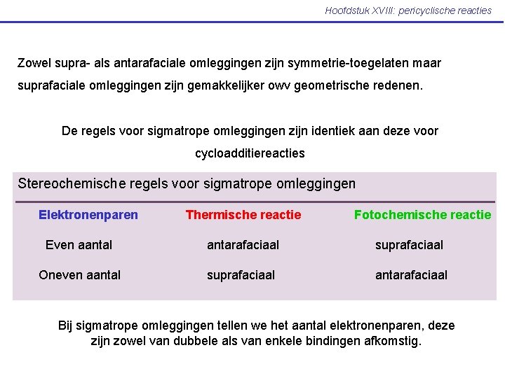 Hoofdstuk XVIII: pericyclische reacties Zowel supra- als antarafaciale omleggingen zijn symmetrie-toegelaten maar suprafaciale omleggingen