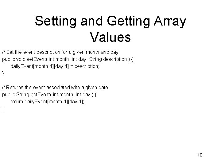 Setting and Getting Array Values // Set the event description for a given month