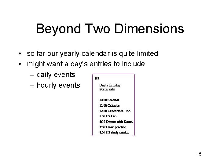 Beyond Two Dimensions • so far our yearly calendar is quite limited • might