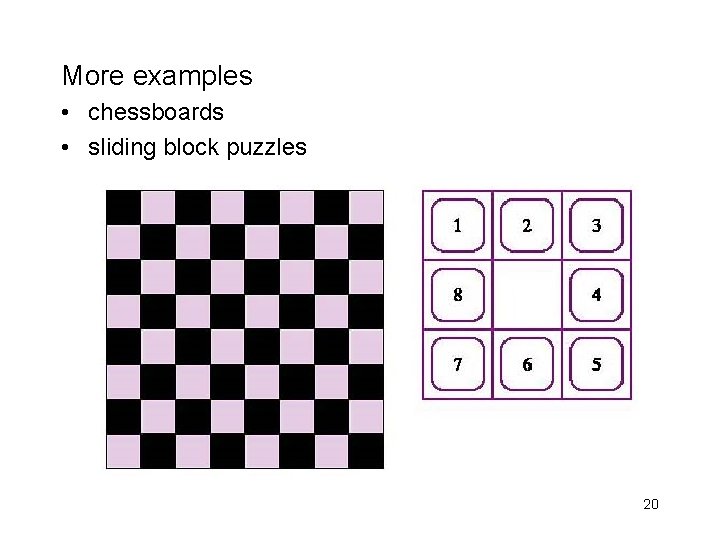 More examples • chessboards • sliding block puzzles 20 