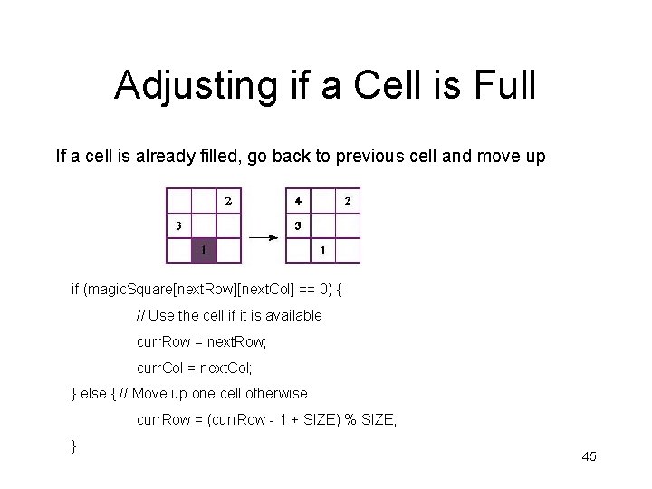 Adjusting if a Cell is Full If a cell is already filled, go back