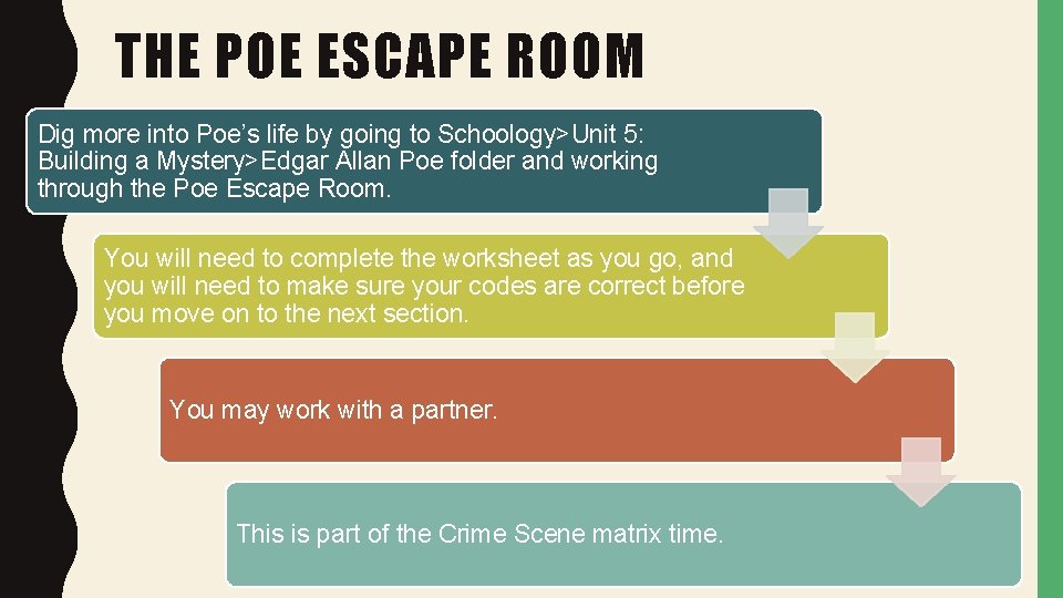 THE POE ESCAPE ROOM Dig more into Poe’s life by going to Schoology>Unit 5: