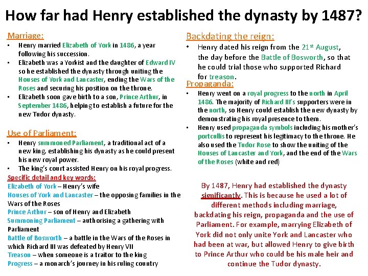 How far had Henry established the dynasty by 1487? Marriage: • • • Henry
