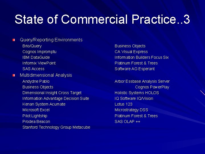 State of Commercial Practice. . 3 Query/Reporting Environments Brio/Query Cognos Impromptu IBM Data. Guide