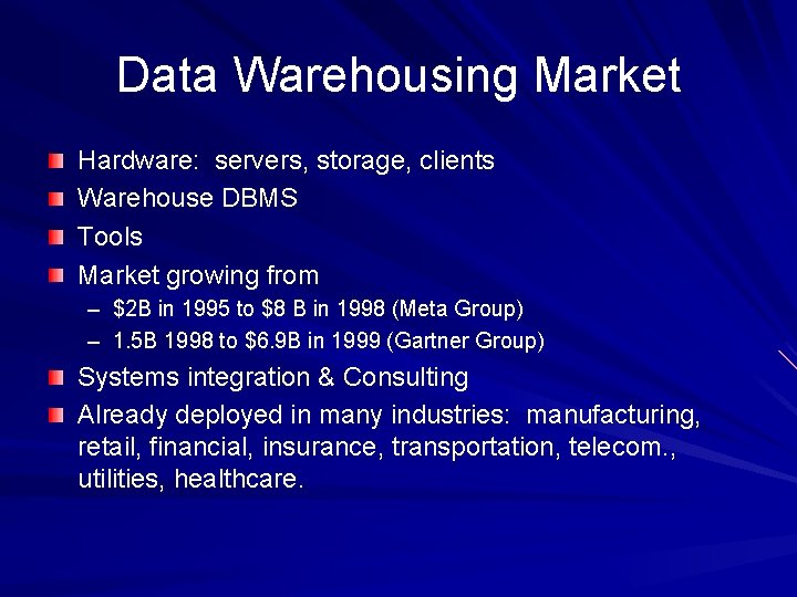 Data Warehousing Market Hardware: servers, storage, clients Warehouse DBMS Tools Market growing from –