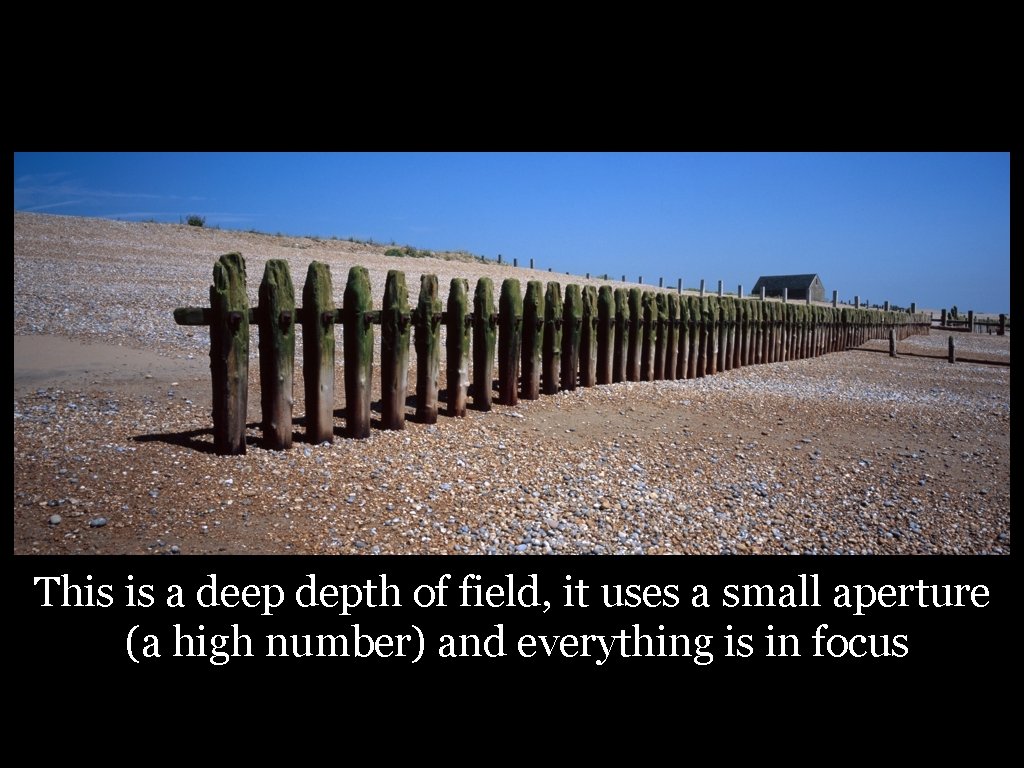 This is a deep depth of field, it uses a small aperture (a high