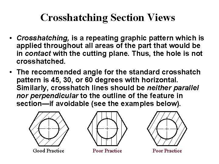Crosshatching Section Views • Crosshatching, is a repeating graphic pattern which is applied throughout