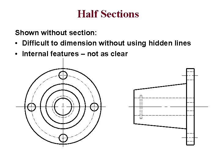 Half Sections Shown without section: • Difficult to dimension without using hidden lines •