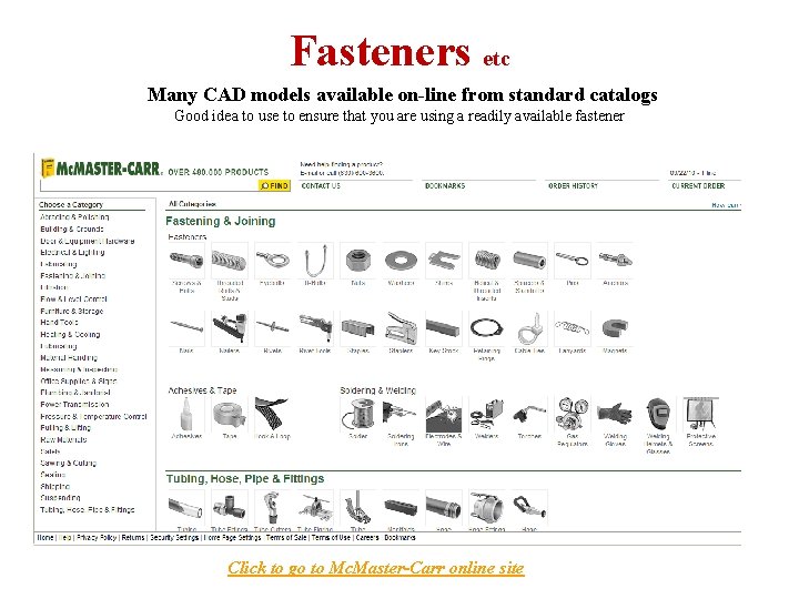 Fasteners etc Many CAD models available on-line from standard catalogs Good idea to use