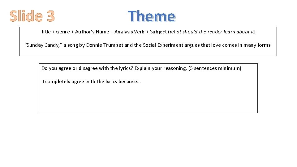 Slide 3 Theme Title + Genre + Author’s Name + Analysis Verb + Subject