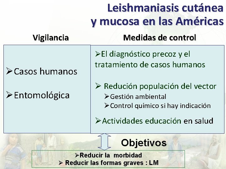 Leishmaniasis cutánea y mucosa en las Américas Vigilancia Medidas de control ØEl diagnóstico precoz