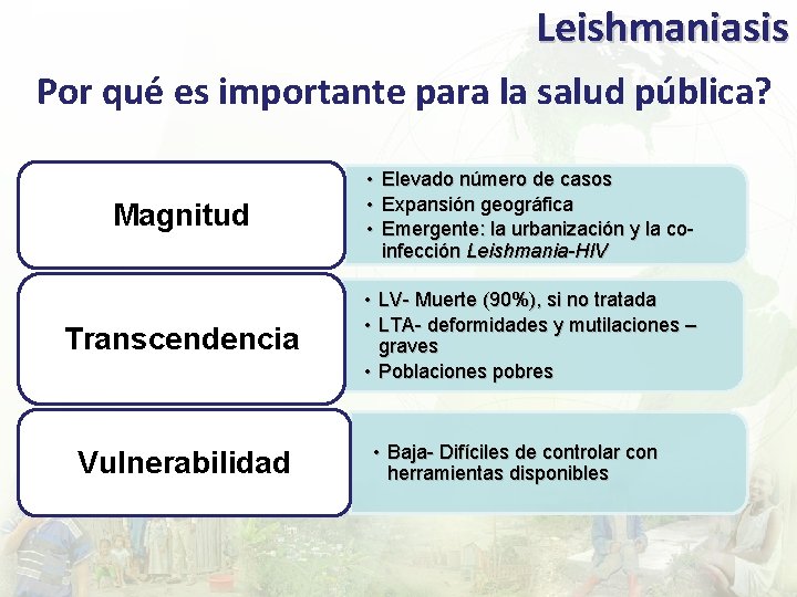 Leishmaniasis Por qué es importante para la salud pública? Magnitud • Elevado número de