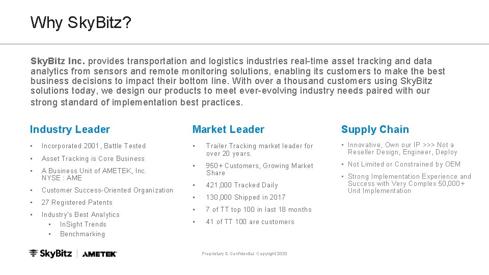 Why Sky. Bitz? Sky. Bitz Inc. provides transportation and logistics industries real-time asset tracking