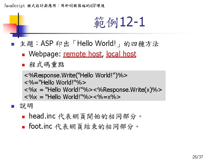 Java. Script 程式設計與應用：用於伺服器端的ASP環境 範例12 -1 n 主題：ASP 印出「Hello World!」的四種方法 n Webpage: remote host, local