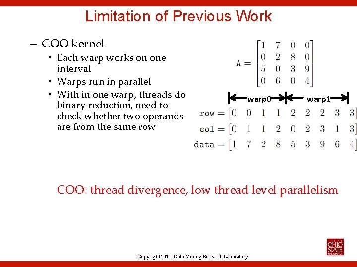 Limitation of Previous Work – COO kernel • Each warp works on one interval