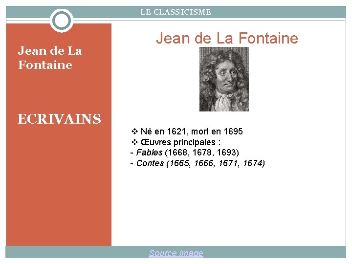 LE CLASSICISME Jean de La Fontaine ECRIVAINS Jean de La Fontaine Né en 1621,