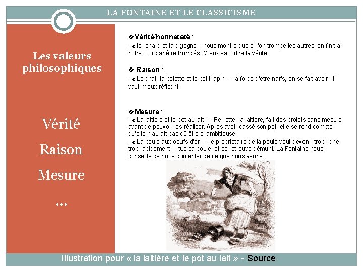 LA FONTAINE ET LE CLASSICISME Vérité/honnêteté : Les valeurs philosophiques - « le renard