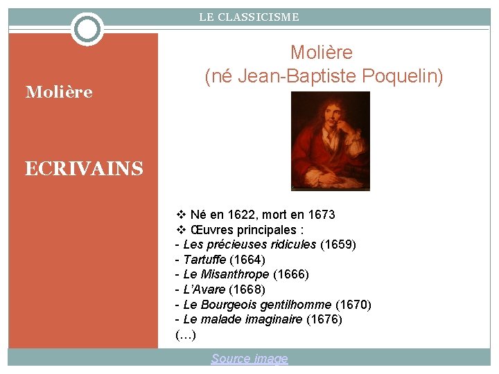 LE CLASSICISME Molière (né Jean-Baptiste Poquelin) ECRIVAINS Né en 1622, mort en 1673 Œuvres