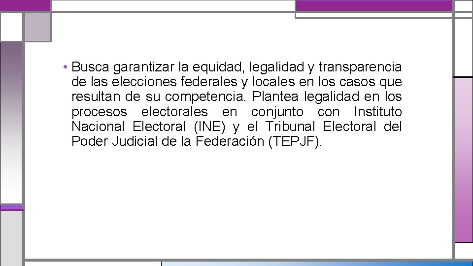  • Busca garantizar la equidad, legalidad y transparencia de las elecciones federales y
