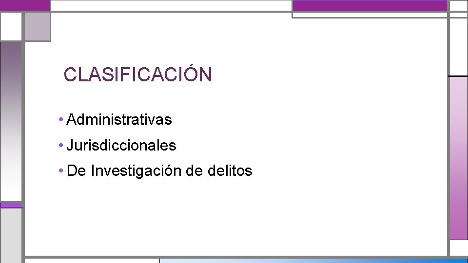 CLASIFICACIÓN • Administrativas • Jurisdiccionales • De Investigación de delitos 