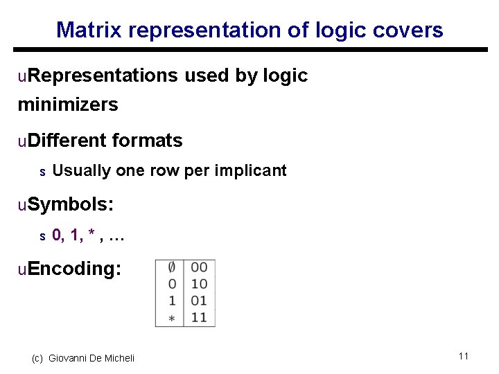 Matrix representation of logic covers u. Representations used by logic minimizers u. Different formats