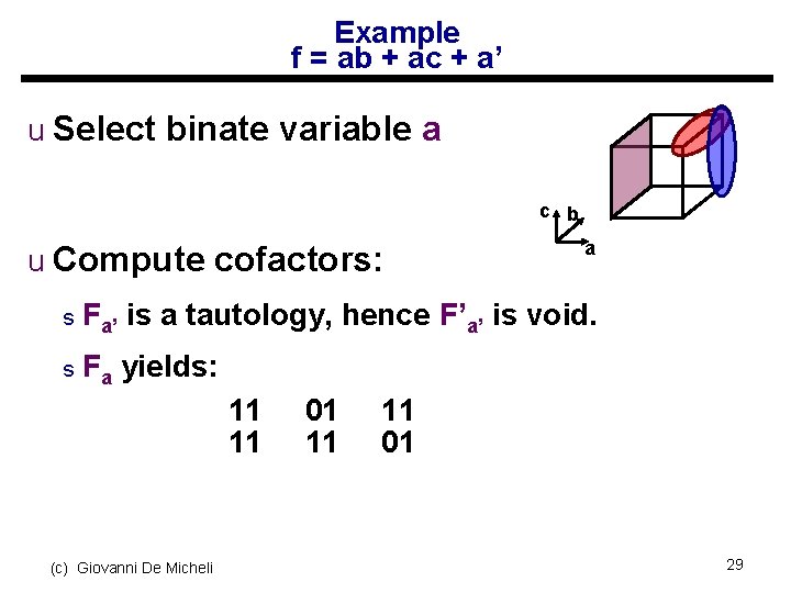 Example f = ab + ac + a’ u Select binate variable a c