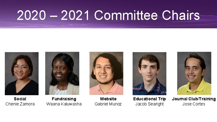 2020 – 2021 Committee Chairs Social Chenie Zamora Fundraising Waana Kaluwasha Website Gabriel Munoz