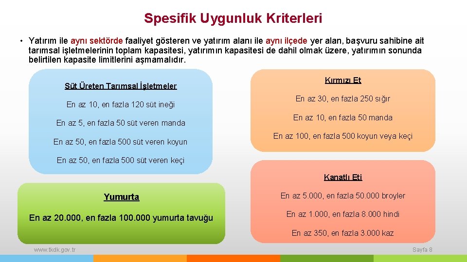 Spesifik Uygunluk Kriterleri • Yatırım ile aynı sektörde faaliyet gösteren ve yatırım alanı ile