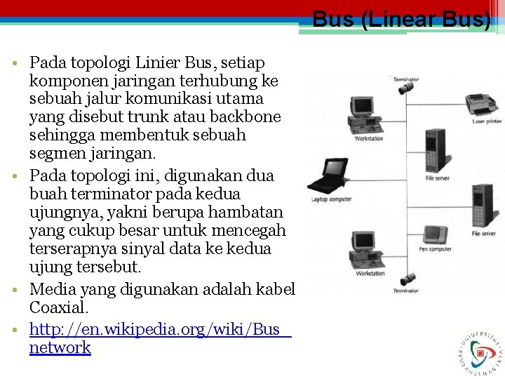 Bus (Linear Bus) • Pada topologi Linier Bus, setiap komponen jaringan terhubung ke sebuah