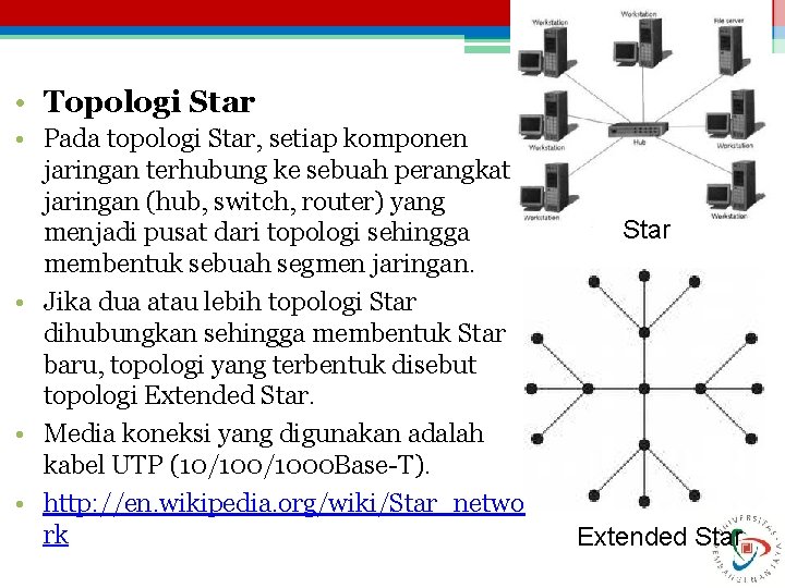  • Topologi Star • Pada topologi Star, setiap komponen jaringan terhubung ke sebuah