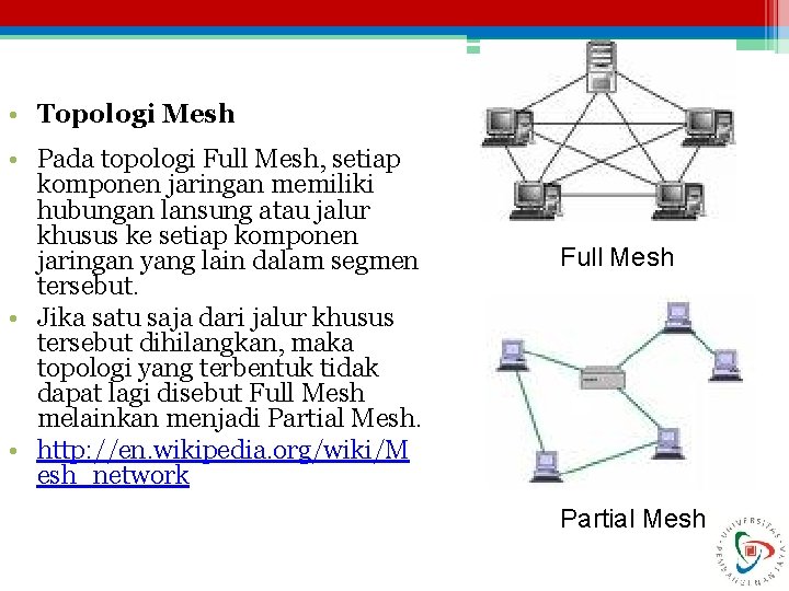  • Topologi Mesh • Pada topologi Full Mesh, setiap komponen jaringan memiliki hubungan