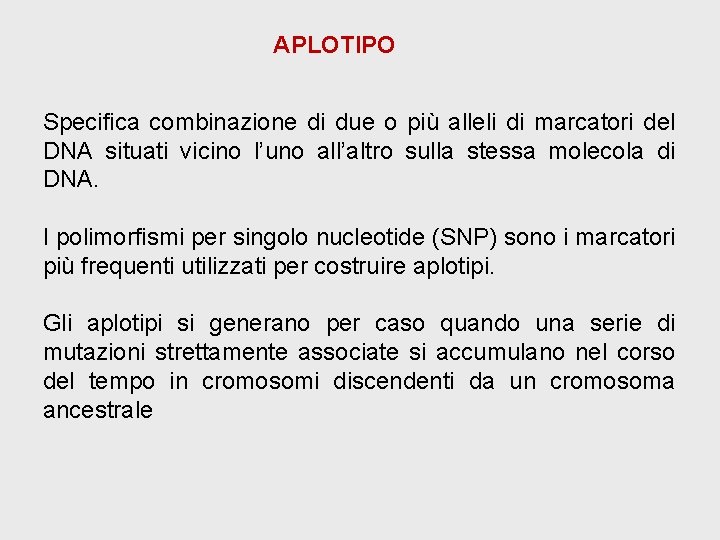APLOTIPO Specifica combinazione di due o più alleli di marcatori del DNA situati vicino APLOTIPO Specifica combinazione di due o più alleli di marcatori del DNA situati vicino