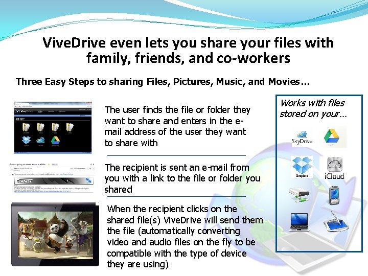 Vive. Drive even lets you share your files with family, friends, and co-workers Three