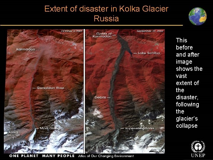 Extent of disaster in Kolka Glacier Russia This before and after image shows the